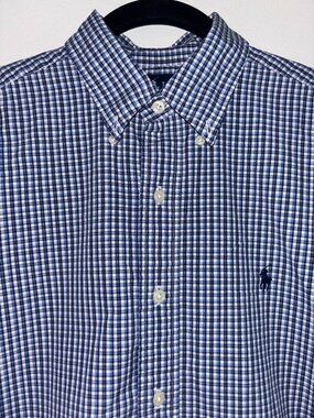 Ralph Lauren Classic Fit Button Down Shirt Mens Blue Gingham Pony Logo Large